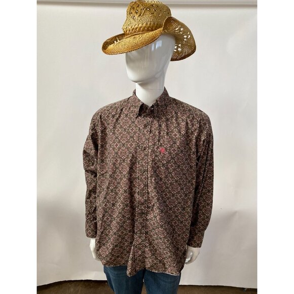 Ariat Mens M Brown & Pink Paisley Long Sleeve Western Pearl Snap Shirt - Picture 9 of 11